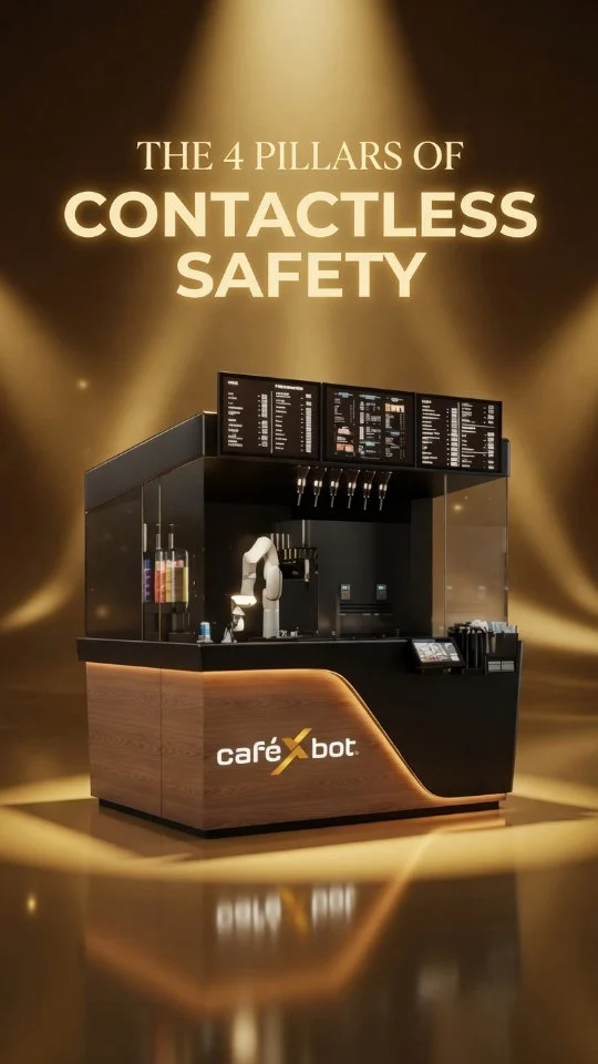 Robotic barista café built on four pillars of safety.Contactless isn't just about no human interaction. It's about complete safety — at every level.✅ No direct handling — every order managed by a robotic arm, zero human touch
✅ Automatic cleaning cycles — Swiss-made Franke machine maintains internal hygiene at all times
✅ Protected ingredients & pasteurisation — sealed storage, controlled freshness, consistent quality
✅ Grade A Gold Certificate — fully aligned with Dubai Municipality's food safety requirementsCafeXbot — redefining contactless safety beyond the counter.مقهى باريستا روبوتي قائم على أربعة ركائز للأمان.الخدمة اللاتلامسية لا تعني فقط غياب التفاعل البشري، بل تعني أمانًا متكاملًا على جميع المستويات.✅ بدون أي تعامل مباشر — جميع الطلبات تُدار بواسطة ذراع روبوتية دون أي لمس بشري
✅ دورات تنظيف أوتوماتيكية — ماكينة Franke السويسرية تحافظ على النظافة الداخلية باستمرار
✅ مكونات محمية وبسترة متقدمة — تخزين محكم، نضارة مضبوطة، وجودة ثابتة
✅ شهادة الفئة الذهبية A — متوافق بالكامل مع متطلبات سلامة الغذاء لبلدية دبيCafeXbot — نعيد تعريف مفهوم الأمان اللاتلامسي بما يتجاوز حدود الكاونتر.#cafexbot #coffeerobot #roboticcafe #businessideas #digitalbusiness investing entrepreneur mydubai dubai UAE robot roboticicecream startupbusiness business robotdubai robot technologyuae technology electronics startup FranchiseBusiness